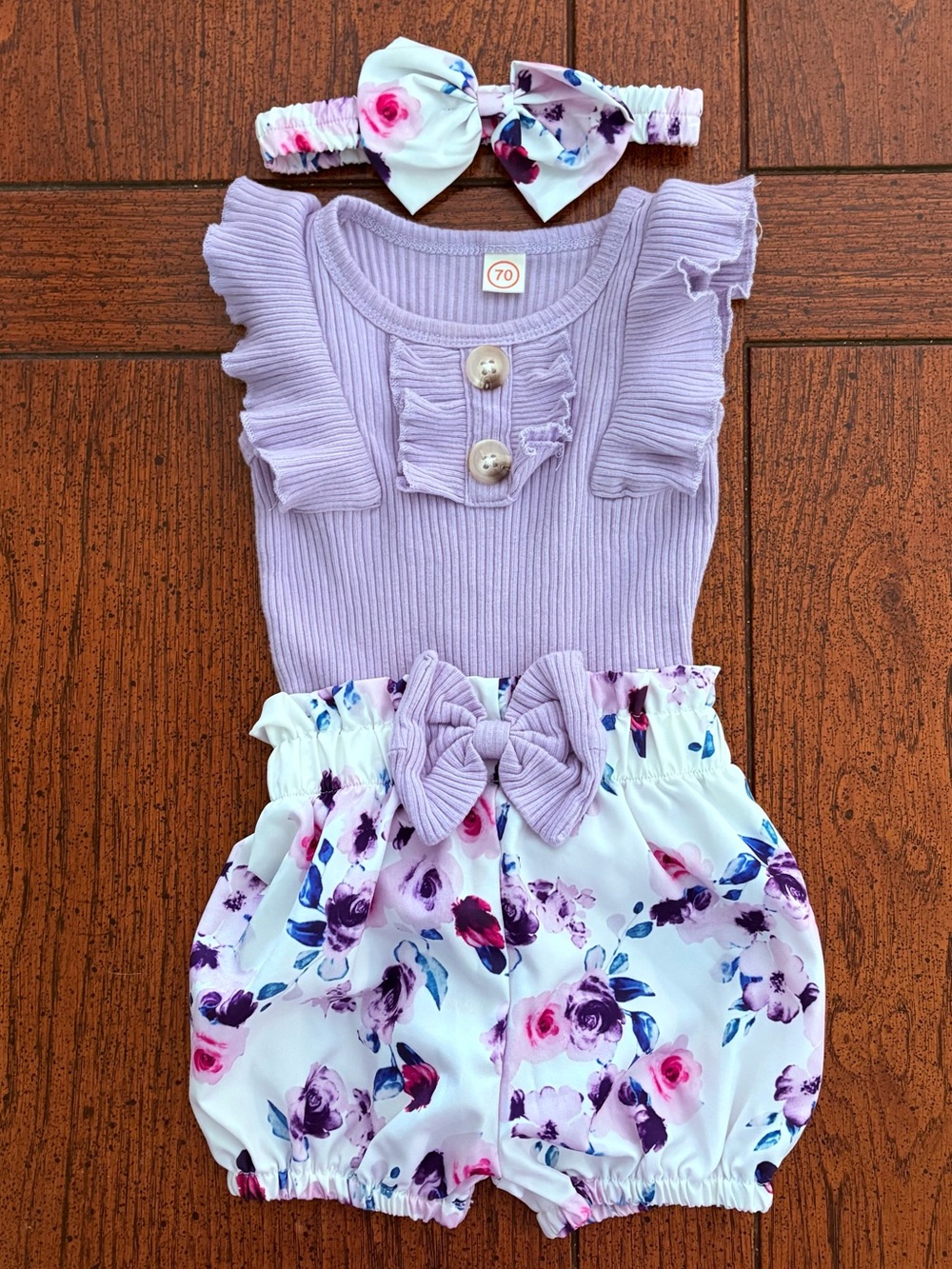 Matching Set - Lavender Ruffle Onesie, Floral Bow Shorts, Headband, 6-9 months